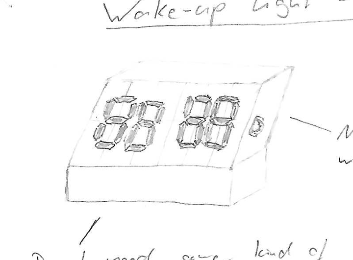 A concept drawing (with pencil; not very good) of the wake-up light's first prototype.